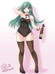Rule 34 | 1girl, aqua hair, arm behind head, black footwear, blush, bottle, breasts, brown footwear, cleavage, dated, detached collar, full body, gluteal fold, grey eyes, hair ornament, hairclip, kantai collection, leotard, long hair, looking at viewer, medium breasts, open mouth, pink background, playboy bunny, shoes, simple background, solo, straight hair, suzuya (kancolle), tatsumi ray, thighhighs, twitter username, white background, wrist cuffs