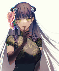 Rule 34 | 1girl, black dress, black gloves, black hair, breasts, chinese clothes, commentary, double bun, dress, earrings, elbow gloves, eyelashes, finger to mouth, flower, gloves, gold trim, hair bun, hair flower, hair ornament, highres, jewelry, koshika rina, lipstick, long hair, looking at viewer, makeup, medium breasts, original, pink flower, simple background, slit pupils, upper body, white background, yellow eyes