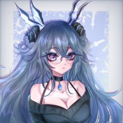 1girl alternate_costume aqua_hair artist_request black_choker black_sweater blue_gemstone braid breasts choker cleavage crossed_bangs fins gem glasses hair_between_eyes head_fins highres lamia:_lost_lullaby_(pgr) lamia_(pgr) long_hair parted_lips punishing:_gray_raven purple_eyes ringed_eyes shell_hair_ornament sidelocks solo sweater