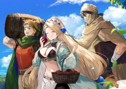 Rule 34 | 1girl, 2boys, apple, atelier (series), atelier marie, bandaged arm, bandages, barrel, basket, belt, black bra, black gloves, blonde hair, blue sky, border0715, box, bra, breasts, brown belt, cleavage, closed eyes, cloud, coat, covered mouth, day, eating, food, fruit, gloves, green coat, green scarf, head scarf, headband, holding, holding barrel, holding basket, holding box, holding food, holding fruit, large breasts, loincloth, long hair, low-tied long hair, marie (atelier), midriff, multiple boys, muscular, muscular male, official art, open clothes, open mouth, outdoors, pants, red apple, red shirt, ruven filnir, scarf, schwalbe satz, second-party source, shirt, sky, smile, standing, underwear, very long hair, white pants