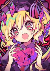 Rule 34 | 1girl, alternate color, black bow, black hat, black shirt, blonde hair, blush, bow, broken, broken heart, commentary request, crack, crystal, fang, flandre scarlet, frilled shirt collar, frills, furrowed brow, hands up, hat, hat bow, head tilt, heart, heart-shaped pupils, highres, holding, holding heart, kyouda suzuka, looking at viewer, medium hair, mob cap, multicolored eyes, nail polish, necktie, one side up, open mouth, pink nails, puffy short sleeves, puffy sleeves, purple eyes, red eyes, shards, shirt, short sleeves, skin fang, solo, symbol-shaped pupils, touhou, twitter username, upper body, wings