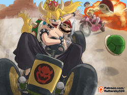 Rule 34 | 10307, 1boy, 2girls, armlet, black dress, blonde hair, blue shell (mario), bound, bowser logo, bowsette, bracelet, breasts, cleavage, collar, commentary, dress, driving, earrings, english commentary, facial hair, go-kart, green little, horns, jewelry, kidnapping, large breasts, mario, mario (series), mario kart, motor vehicle, motorcycle, multiple girls, mustache, new super mario bros. u deluxe, nintendo, pointy ears, ponytail, princess peach, racing suit, sharp teeth, spiked armlet, spiked bracelet, spiked collar, spiked shell, spiked tail, spikes, strapless, strapless dress, super crown, tail, teeth, tied up (nonsexual), tongue, tongue out, turtle shell