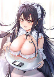 Rule 34 | 1girl, absurdly long hair, absurdres, akuakuran, azur lane, between breasts, black skirt, breast rest, breasts, breasts on tray, carried breast rest, carrying, cellphone, choker, frilled choker, frills, highres, holding, holding tray, huge breasts, indomitable (azur lane), indomitable (ms. motivationless maid) (azur lane), long hair, looking away, looking to the side, maid headdress, miniskirt, mole, mole on breast, official alternate costume, open mouth, pantyhose, phone, pleated skirt, simple background, skirt, smartphone, solo, strap between breasts, tray, very long hair, white background, white pantyhose
