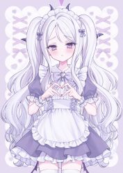 Rule 34 | 1girl, alternate costume, alternate hairstyle, apron, blue archive, closed mouth, dress, enmaided, hair ribbon, hairband, halo, heart, heart hands, highres, hina (blue archive), horns, long hair, looking at viewer, maid, maid apron, maid headdress, purple eyes, ribbon, shy, solo, thighhighs, thighs, twintails, uxx2ixu, white hair, wings