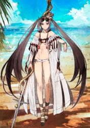 Rule 34 | 1girl, beach, fate/grand order, fate (series), hair ornament, official art, outdoors, polearm, solo, spear, standing, swimsuit, tagme, toi8, twintails, weapon, yu mei-ren (fate), yu mei-ren (swimsuit lancer) (fate)