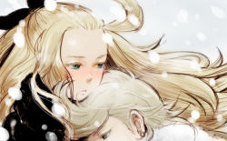 Rule 34 | 1boy, 1girl, ahoge, blonde hair, blush, bow, bravely default: flying fairy, bravely default (series), closed mouth, commentary request, edea lee, green eyes, hair bow, long hair, maccory, ringabel, snow, winter clothes