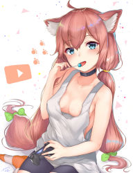 Rule 34 | 1girl, :d, ahoge, animal ear fluff, animal ears, areola slip, bike shorts, blue eyes, blush, bow, breasts, candy, cat ears, controller, downblouse, dualshock, food, game controller, gamepad, green bow, hair bow, highres, hinata channel, holding, holding candy, holding food, konata (knt banri), lollipop, long hair, looking at viewer, loose clothes, loose shirt, low twintails, nekomiya hinata, no bra, open mouth, pink hair, play button, playstation controller, shirt, sitting, small breasts, smile, solo, striped clothes, striped legwear, striped thighhighs, tank top, thighhighs, twintails, very long hair, virtual youtuber