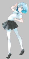 Rule 34 | 1girl, arm up, bending backward, black footwear, black skirt, blue eyes, blue hair, blush, collared shirt, comah, from behind, full body, grey background, kneepits, legs apart, loafers, looking at viewer, open mouth, original, pantyhose, pleated skirt, school uniform, shirt, shoes, short hair, short sleeves, simple background, skirt, solo, standing, tiptoes, white shirt