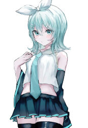 Rule 34 | 1girl, absurdres, adapted costume, alternate eye color, alternate hair color, aqua eyes, aqua hair, aqua necktie, bare shoulders, black sleeves, bow, breasts, collared shirt, cosplay, detached sleeves, fukuni324663, grey shirt, hair bow, hair ornament, hairclip, hand on own chest, hatsune miku, highres, kagamine rin, kagamine rin (cosplay), light blush, medium breasts, midriff, miniskirt, necktie, pleated skirt, shirt, short hair, skirt, sleeveless, sleeveless shirt, solo, thighhighs, vocaloid, white bow, wide sleeves, zettai ryouiki