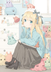 Rule 34 | 1girl, :&lt;, beret, black footwear, black skirt, blonde hair, blue eyes, blue hoodie, blush, boots, bow, chest of drawers, closed mouth, commentary request, cross-laced footwear, full body, hair between eyes, hair bow, hair ornament, hairclip, hat, high heel boots, high heels, highres, holding, holding pencil, hood, hood down, hoodie, indoors, kani biimu, lace-up boots, long hair, long sleeves, looking at viewer, notebook, on floor, original, pencil, pleated skirt, radio, shimotsuki potofu, sitting, skirt, sleeves past wrists, solo, striped, striped bow, two side up, very long hair, white hat, window, wooden floor