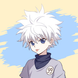 Rule 34 | 1boy, :p, blue background, blue eyes, brown background, closed mouth, grey jacket, hair between eyes, highres, hunter x hunter, jacket, killua zoldyck, layered sleeves, long sleeves, looking at viewer, male focus, que meng meng, short over long sleeves, short sleeves, smile, solo, tongue, tongue out, two-tone background, upper body, v-shaped eyebrows, white hair
