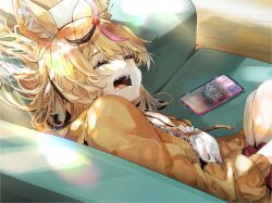 Rule 34 | 1girl, animal ear fluff, animal ears, blonde hair, brown hair, casual, cellphone, closed mouth, couch, drooling, fox ears, funi mu9, highres, hololive, hood, hooded jacket, jacket, lying, medium hair, multicolored hair, omaru polka, on side, open mouth, phone, pink hair, sleeping, smartphone, solo, streaked hair, upper body, virtual youtuber