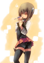 Rule 34 | 10s, 1girl, :t, ass, bike shorts, bike shorts under skirt, black thighhighs, brown eyes, brown hair, check commentary, clipboard, commentary request, corset, fu-ta, hair between eyes, hair ornament, headband, headgear, holding, holding pen, kantai collection, long sleeves, looking at viewer, looking back, panties under bike shorts, pantylines, pen, pleated skirt, pout, red skirt, short hair, shorts, shorts under skirt, skirt, solo, taihou (kancolle), thighhighs, underwear