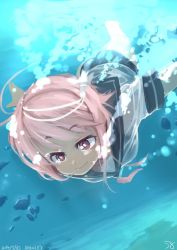 Rule 34 | 10s, 1girl, 2014, ahoge, air bubble, ario, artist name, ass, breath, bubble, character name, cherry blossoms, dated, fish, freediving, hair ornament, holding breath, i-58 (kancolle), kantai collection, one-piece swimsuit, pink eyes, pink hair, school swimsuit, school uniform, serafuku, shirt, short hair, short sleeves, smile, solo, swimming, swimsuit, swimsuit under clothes, underwater, water, wet, wet clothes, wet shirt