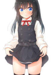 Rule 34 | 1girl, asashio (kancolle), asashio kai ni (kancolle), black dress, black hair, black thighhighs, blue eyes, buttons, clothes lift, comiching, cowboy shot, dress, dress lift, flat chest, highres, kantai collection, lifted by self, long hair, long sleeves, neck ribbon, pinafore dress, pleated dress, red ribbon, ribbon, shirt, sleeveless, sleeveless dress, smile, solo, standing, thighhighs, white shirt