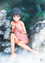 Rule 34 | amagami, barefoot, blush, covering privates, forest, lb, nanasaki ai, nature, onsen, sitting, smile, soaking feet, solo, towel, tree, water