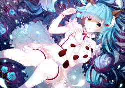 Rule 34 | 1girl, :o, animal ears, aqua eyes, aqua hair, blue eyes, blue hair, blush, breasts, dress, flower, hair ornament, hairclip, long hair, looking at viewer, matching hair/eyes, open mouth, original, pale skin, panda, parted lips, phino, small breasts, solo, thighhighs, toy, very long hair, water, white dress, white thighhighs, wristband, yellow eyes