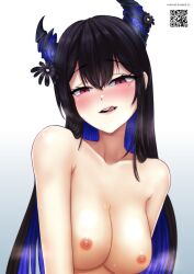 Rule 34 | 1girl, absurdres, asymmetrical horns, black flower, black hair, blue hair, blush, breasts, colored inner hair, demon horns, flower, gradient background, highres, hololive, hololive english, horn flower, horns, large breasts, licking lips, long hair, looking at viewer, mole, mole under eye, multicolored hair, naughty face, nerissa ravencroft, nipples, nude, oodnap, red eyes, solo, sweat, tongue, tongue out, two-tone hair, uneven horns, upper body, very long hair, virtual youtuber