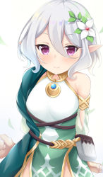 Rule 34 | 1girl, antenna hair, bare shoulders, blush, closed mouth, commentary request, detached sleeves, dress, flower, green sleeves, hair between eyes, hair flower, hair ornament, highres, kokkoro (princess connect!), long sleeves, looking at viewer, maccha, pointy ears, princess connect!, purple eyes, silver hair, sleeveless, sleeveless dress, smile, solo, split mouth, white background, white dress, white flower