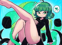 Rule 34 | !, 1girl, absurdres, ahoge, ass, barefoot, between thighs, black dress, blue background, breasts, collarbone, dress, female focus, floating, green eyes, green hair, heart, highres, large breasts, legs, legs up, looking at viewer, matching hair/eyes, one-punch man, outline, short hair, simple background, smile, solo, tatsumaki, thick thighs, thighs, tony welt, white outline