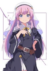 Rule 34 | 1girl, absurdres, belt, belt buckle, black dress, blue eyes, blush stickers, bow, brown belt, buckle, closed mouth, commentary request, dress, hand on own chest, hand up, highres, kamisama ni natta hi, long hair, long sleeves, looking at viewer, pink hair, rauto, satou hina (kamisama ni natta hi), smile, solo, v-shaped eyebrows, veil, very long hair, white background, wide sleeves, yellow bow