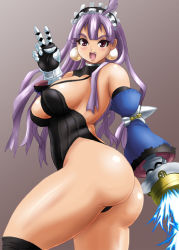 Rule 34 | 1girl, ass, bare shoulders, blush, breasts, curvy, dark eclair, detached sleeves, earrings, fang, gloves, huge ass, jewelry, kihaiu, la pucelle, large breasts, leotard, long hair, looking at viewer, nippon ichi, open mouth, purple eyes, purple hair, shiny skin, smile, solo, sword, thighhighs, thong leotard, very long hair, weapon