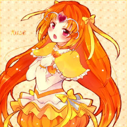 Rule 34 | 10s, 1girl, bow, brown hair, bubble skirt, character name, cure muse, cure muse (yellow), eyelashes, hair bow, heart, long hair, magical girl, orange hair, orange skirt, precure, red eyes, riku manoue, shirabe ako, skirt, solo, suite precure, yellow background, yellow theme