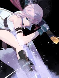 Rule 34 | 1girl, armband, black background, black shorts, blue eyes, boots, breasts, cape, cofffee, fighting stance, final fantasy, final fantasy xiii, foot out of frame, gloves, gunblade, hair between eyes, holding, holding weapon, lightning farron, looking at viewer, medium breasts, medium hair, pink hair, red cape, shirt, shorts, sleeveless, sleeveless shirt, solo, weapon, white shirt