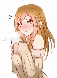 Rule 34 | 10s, 1girl, blush, brown eyes, brown hair, chestnut mouth, cup, drink, highres, holding, holding cup, hot drink, kototsuki, kunikida hanamaru, long hair, love live!, love live! sunshine!!, matching hair/eyes, off-shoulder, off-shoulder sweater, ribbed sweater, sleeves past wrists, solo, sweater