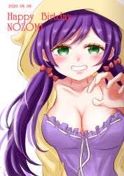 Rule 34 | 1girl, 568momomo, artist name, artist request, blush, bow, breasts, cleavage, clenched teeth, collarbone, female focus, green eyes, hair bow, highres, hood, hood up, hooded sweater, light brown sweater, long hair, long sleeves, looking at viewer, love live!, love live! school idol festival, love live! school idol project, medium breasts, pajamas, parted lips, purple hair, purple pajamas, purple shorts, red bow, shorts, smile, solo, sweater, teeth, tojo nozomi, twintails, white background