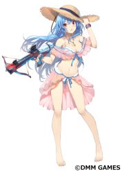 Rule 34 | 1girl, barefoot, bikini, blue hair, bow (weapon), breasts, character request, cleavage, crossbow, full body, hand on headwear, hat, holding, holding weapon, jewelry, long hair, looking at viewer, medium breasts, navel, necklace, official art, oshiro project:re, red eyes, simple background, solo, standing, straw hat, sun hat, swimsuit, watermark, weapon, white bikini, wristband, yappen