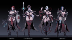 Rule 34 | 4girls, absurdres, axe, blue hair, boots, breasts, chain, character design, hammer, highres, huge breasts, l axe, multiple girls, polearm, red hair, sally whitemane, spear, warcraft, weapon, white hair