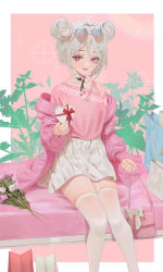 Rule 34 | 1girl, alternate costume, aqua nails, asymmetrical shirt, bad id, bad pixiv id, bag, bouquet, box, cirilla lin, commentary, commission, couch, double bun, english commentary, english text, eyewear on head, flower, girls&#039; frontline, grey hair, griffin &amp; kryuger, hair bun, handbag, heart, heart-shaped box, heart-shaped eyewear, highres, holding, holding box, jacket, looking at viewer, nail polish, off-shoulder shirt, off shoulder, open mouth, p90 (girls&#039; frontline), pink jacket, pink shirt, pixiv commission, pleated skirt, red eyes, shirt, short hair, sidelocks, sitting, skirt, smile, solo, teeth, thighhighs, upper teeth only, valentine, white skirt, white thighhighs
