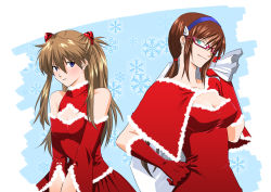 Rule 34 | 00s, 2girls, bag, breasts, cleavage, cleavage cutout, clothing cutout, evangelion: 2.0 you can (not) advance, hand on own hip, holding, holding bag, looking at viewer, makinami mari illustrious, multiple girls, neon genesis evangelion, rebuild of evangelion, santa costume, souryuu asuka langley, standing