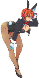 Rule 34 | 1girl, adapted costume, animal ears, ass, blush, bow, bowtie, breasts, cleavage, detached collar, eroe, fake animal ears, fishnet pantyhose, fishnets, full body, genderswap, genderswap (mtf), gloves, hand on own knee, high heels, igarashi kyou (eroe), large breasts, leaning forward, leotard, looking at viewer, orange hair, original, pantyhose, playboy bunny, rabbit ears, rabbit tail, short hair, simple background, smile, solo, standing, tail, white background, white gloves, yellow eyes