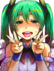 Rule 34 | 1girl, blush, double v, duke (inu daimyou), face, green eyes, green hair, hatsune miku, looking at viewer, matching hair/eyes, saliva, solo, tongue, twintails, v, vocaloid