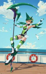 Rule 34 | 1girl, absurdres, akatsuki kirika, bird, blonde hair, blue sky, blush, breasts, cloud, commission, commissioner upload, covered navel, elbow gloves, gloves, green eyes, high heels, highres, holding, holding scythe, holding weapon, horizontal-striped thighhighs, leotard, lifebuoy, microskirt, non-web source, ocean, open mouth, panties, pole, pole dancing, razv.art, scythe, seagull, senki zesshou symphogear, shadow, ship, ship deck, short hair, skirt, skirt flip, sky, small breasts, solo focus, striped clothes, striped panties, swim ring, symphogear pendant, teeth, underwear, upper teeth only, watercraft, weapon