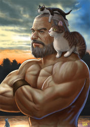 Rule 34 | 1boy, animal, animal on head, animal on shoulder, beard, cat, cat on head, cat on shoulder, cloud, cloudy sky, crossed arms, dated, facial hair, grey hair, male focus, manly, matataku, muscular, mustache, old, old man, on head, original, signature, sky, solo, sunset, surprised cat (matataku), upper body