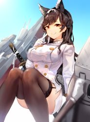 Rule 34 | 1girl, :&gt;, animal ears, atago (azur lane), azur lane, black thighhighs, blue sky, buttons, closed mouth, day, double-breasted, garter straps, gloves, hand up, highres, index finger raised, knees together feet apart, long hair, looking at viewer, miniskirt, mole, mole under eye, outdoors, pencil skirt, rigging, sidelocks, skirt, sky, smile, solo, sukemyon, swept bangs, thighhighs, thighs, uniform, wavy hair, white gloves
