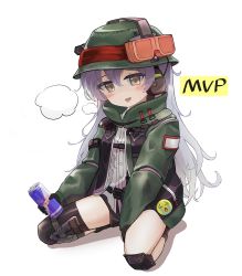 Rule 34 | 1girl, absurdres, blush, commentary, dhk117, english commentary, feet out of frame, g11 (girls&#039; frontline), g11 (mod3) (girls&#039; frontline), girls&#039; frontline, goggles, goggles on headwear, green jacket, grey eyes, grey hair, hair between eyes, hat, headphones, highres, jacket, long hair, looking at viewer, mod3 (girls&#039; frontline), mvp, open mouth, simple background, sitting, smile, solo, wariza, white background