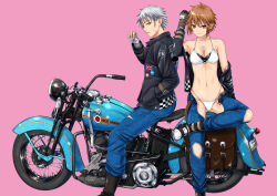 Rule 34 | 1boy, 1girl, ano hito, bandaged hand, bandages, belt, bikini, black jacket, boots, breasts, brown eyes, brown gloves, brown hair, cigarette, cleavage, commentary request, crossed legs, denim, gloves, grey hair, hand in pocket, harley davidson, holding, holding cigarette, jacket, jeans, jewelry, medium breasts, motor vehicle, motorcycle, navel, necklace, o-ring, o-ring bikini, open belt, original, pants, pink background, short hair, sitting, swimsuit, torn clothes, torn pants, white bikini, yellow eyes