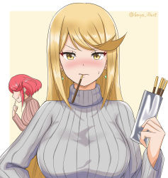 Rule 34 | 2girls, absurdres, blonde hair, blush, breasts, ear piercing, faceless, faceless female, finger to mouth, food, food in mouth, grey sweater, hand on own hip, highres, large breasts, long hair, looking at viewer, medium hair, multiple girls, mythra (xenoblade), no bra, outside border, piercing, pocky, pocky day, pocky kiss, profile, pyra (xenoblade), red hair, red sweater, ribbed sweater, ryochan96154, shared food, sidelocks, simple background, sweater, swept bangs, tongue, tongue out, turtleneck, turtleneck sweater, twitter username, upper body, very long hair, xenoblade chronicles (series), xenoblade chronicles 2, yellow eyes
