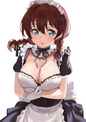 Rule 34 | 1girl, :p, absurdres, alternate costume, apron, apron pull, arm under breasts, back bow, black choker, blue eyes, blush, bow, braid, breast hold, breasts, brown hair, choker, cleavage, clothes pull, commentary, detached collar, emma verde, enmaided, freckles, frilled apron, frilled shirt collar, frills, hair between eyes, high-waist skirt, highres, large bow, large breasts, looking at viewer, love live!, love live! nijigasaki high school idol club, low twin braids, low twintails, maid, maid headdress, medium hair, pisagi, puffy short sleeves, puffy sleeves, red vest, shirt pull, short sleeves, simple background, skirt, solo, tongue, tongue out, twin braids, twintails, underbust, vest, waist apron, white apron, white background