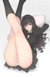 Rule 34 | 1girl, :o, amagami, arm up, ass, bad id, bad pixiv id, bare legs, black bow, black bowtie, black hair, black sailor collar, black shirt, black skirt, black socks, blue eyes, blush, bow, bowtie, breasts, collared shirt, commentary request, feet out of frame, grey background, hairband, hand on own knee, head tilt, highres, kneehighs, large breasts, legs, legs up, long hair, long sleeves, looking at viewer, lying, miniskirt, mobu, morishima haruka, on back, panties, parted lips, pillow, sailor collar, school uniform, serafuku, shirt, sidelocks, simple background, skirt, socks, solo, sweater, thighs, undershirt, underwear, white panties, white shirt