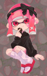 Rule 34 | 1girl, bandage on face, bandages, black bow, black headband, black shirt, black shorts, bow, chocolate, collared shirt, eating, food, fruit, grey background, hair bow, hair ornament, headband, heart, heart hair ornament, highres, holding, holding chocolate, holding food, inkling, inkling girl, inkling player character, long sleeves, looking at viewer, nintendo, pink hair, pointy ears, red footwear, sahata saba, shirt, short shorts, shorts, sitting, socks, splatoon (series), strawberry, strawberry background, tentacle hair, white socks
