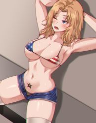 Rule 34 | 1girl, american flag bikini, armpits, arms behind head, arms up, bikini, blonde hair, blue eyes, blue shorts, blurry, breasts, clyde s, commentary, cutoffs, denim, denim shorts, english commentary, flag print, girls und panzer, hair intakes, kay (girls und panzer), large breasts, long hair, micro bikini, micro shorts, navel, one eye closed, open fly, open mouth, panties, pubic tattoo, shadow, short shorts, shorts, sitting, skindentation, solo, star (symbol), star tattoo, stomach tattoo, sweat, swimsuit, tattoo, thighhighs, underboob, underwear, white thighhighs