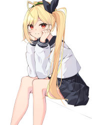 Rule 34 | 1girl, absurdres, ahoge, bare legs, black skirt, blonde hair, bow, feet out of frame, hair bow, hamburger hat, hands on own cheeks, hands on own face, hat, highres, jingburger, long hair, long sleeves, looking at viewer, miniskirt, pleated skirt, red eyes, sailor collar, school uniform, serafuku, shirt, side ponytail, simple background, sitting, skirt, smile, solo, very long hair, virtual youtuber, waktaverse, white background, white shirt, ziro (zirorong)