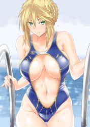 Rule 34 | 1girl, artoria pendragon (fate), artoria pendragon (lancer) (fate), bare arms, bare shoulders, blonde hair, blue one-piece swimsuit, blurry, blurry background, braid, braided bun, breasts, breasts apart, casual one-piece swimsuit, center opening, climbing, climbing ladder, closed mouth, collarbone, colored eyelashes, commentary, cowboy shot, dripping, expressionless, fate/grand order, fate (series), french braid, gachou, green eyes, groin, hair between eyes, hair bun, large breasts, looking at viewer, navel, one-piece swimsuit, pool, pool ladder, short hair, sideboob, sidelocks, solo, swimsuit, thigh gap, water drop, wet, wet hair