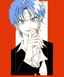 Rule 34 | 1boy, alternate eye color, alternate hair color, bandaged head, bandages, black suit, blue eyes, blue hair, chrollo lucilfer, earrings, formal, hunter x hunter, jewelry, long sleeves, looking at viewer, male focus, naemonaemo0523, necktie, red background, shirt, short hair, solo, suit, two-tone background, upper body, white background, white shirt
