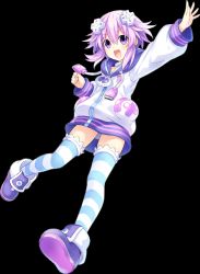 Rule 34 | 1girl, d-pad, d-pad hair ornament, hair ornament, highres, long hair, looking at viewer, neptune (neptunia), neptune (series), official art, open mouth, purple eyes, purple hair, short hair, smile, solo, striped clothes, striped thighhighs, thighhighs, transparent background, tsunako